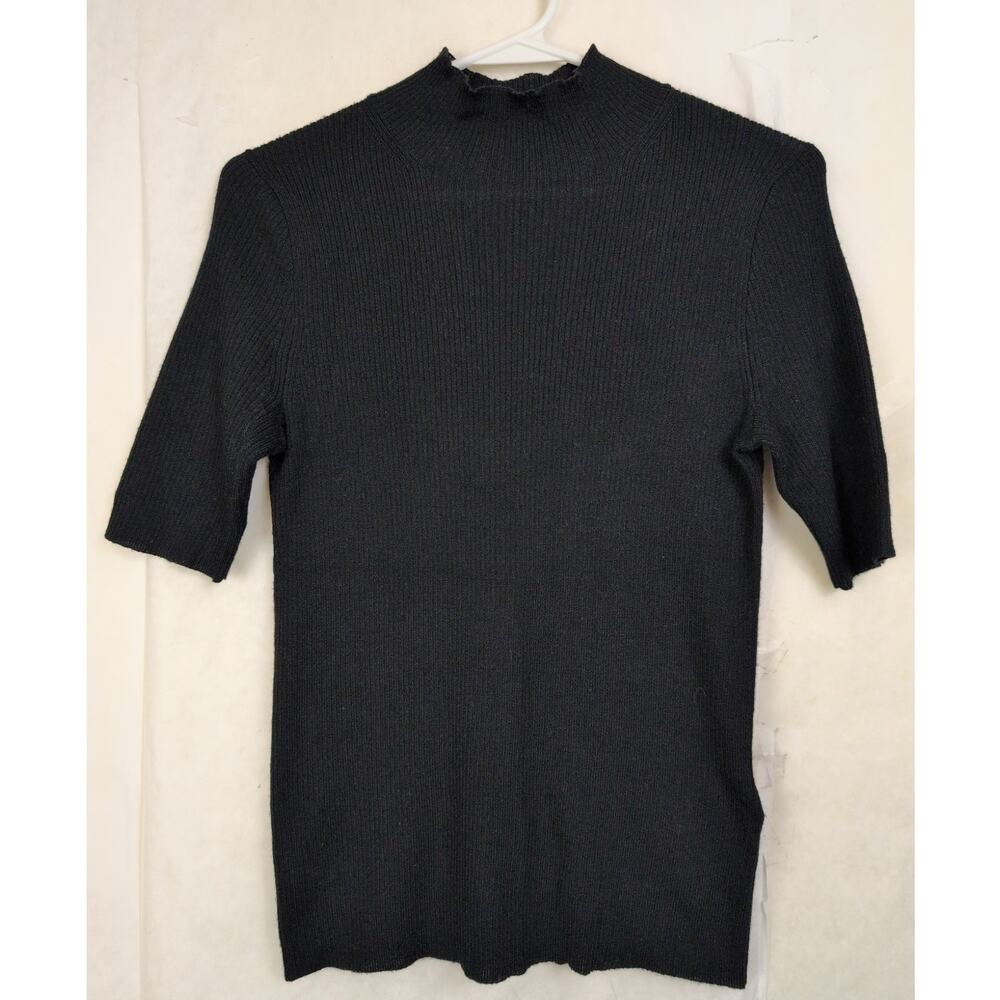 Madewell Merino wool black mock neck ribbed knit top Size S Minimal Staple